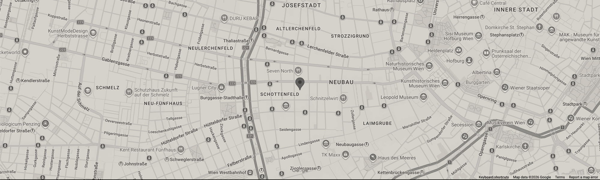Monochrome Karte der Umgebung rund um Schottenfeldgasse 62, 1070 Wien